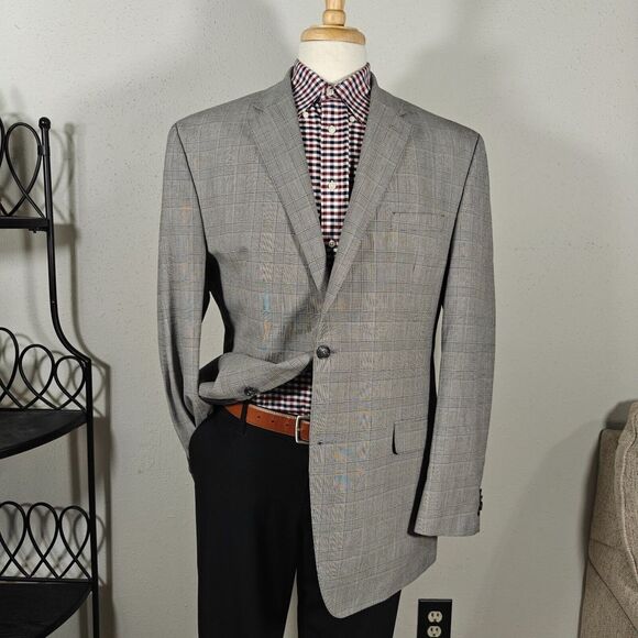 Sean John Men's Sport Coat Blazer Two Button‎ Gray Plaid Polyester Blend 46L - Picture 1 of 15